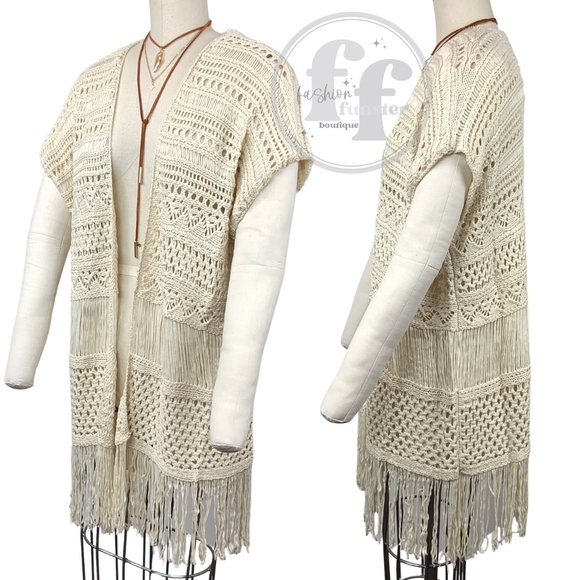 Crochet Knit Fringe Open Front Kimono Cardigan Sweater Shawl Duster Vest Topper - Picture 11 of 11